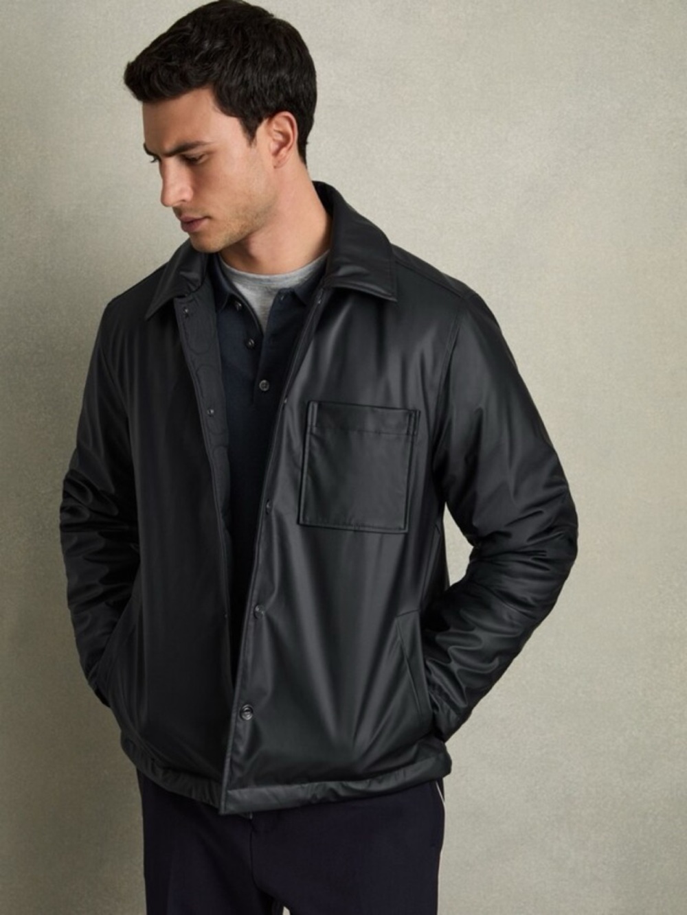 Reiss Navy Hyde Padded Technical Press-Stud Overshirt, size M